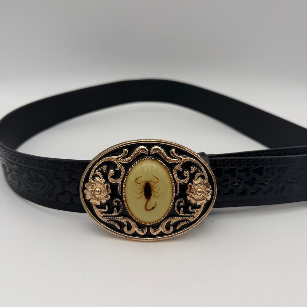 Mens Western Scorpion Taxidermy Belt Gold Tone Floral Buckle Embossed Black